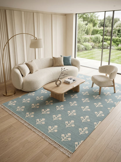 Serene Slate Tulips Modern Blue and Cream Botanical Wool Cotton Dhurrie Rug