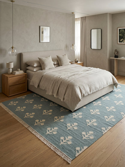 Serene Slate Tulips Modern Blue and Cream Botanical Wool Cotton Dhurrie Rug