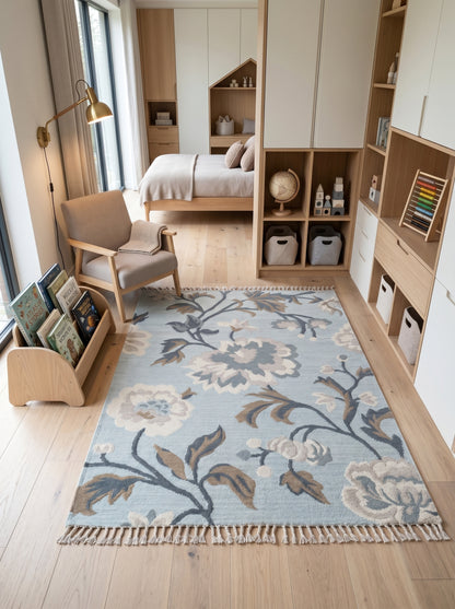 French Blue Peony Vintage Floral Wool Cotton Dhurrie Rug,