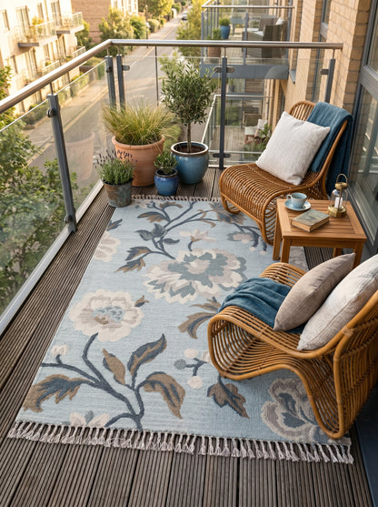 French Blue Peony Vintage Floral Wool Cotton Dhurrie Rug,