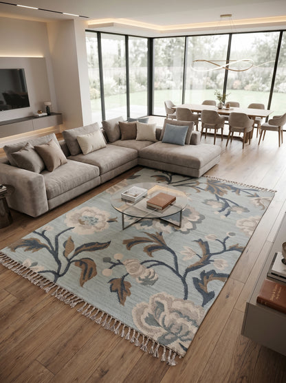French Blue Peony Vintage Floral Wool Cotton Dhurrie Rug,