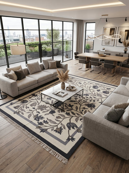 Onyx Botanical Vine Modern Black and Cream Floral Wool Cotton Dhurrie Rug