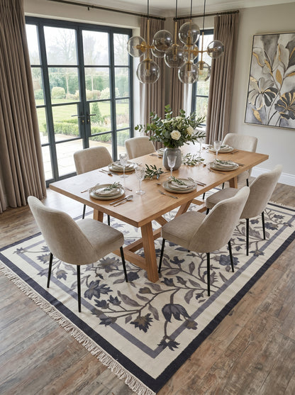 Onyx Botanical Vine Modern Black and Cream Floral Wool Cotton Dhurrie Rug