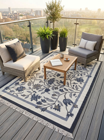 Onyx Botanical Vine Modern Black and Cream Floral Wool Cotton Dhurrie Rug
