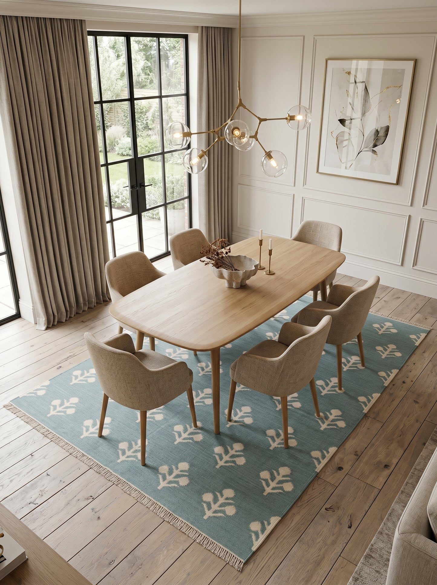 Serene Slate Tulips Modern Blue and Cream Botanical Wool Cotton Dhurrie Rug