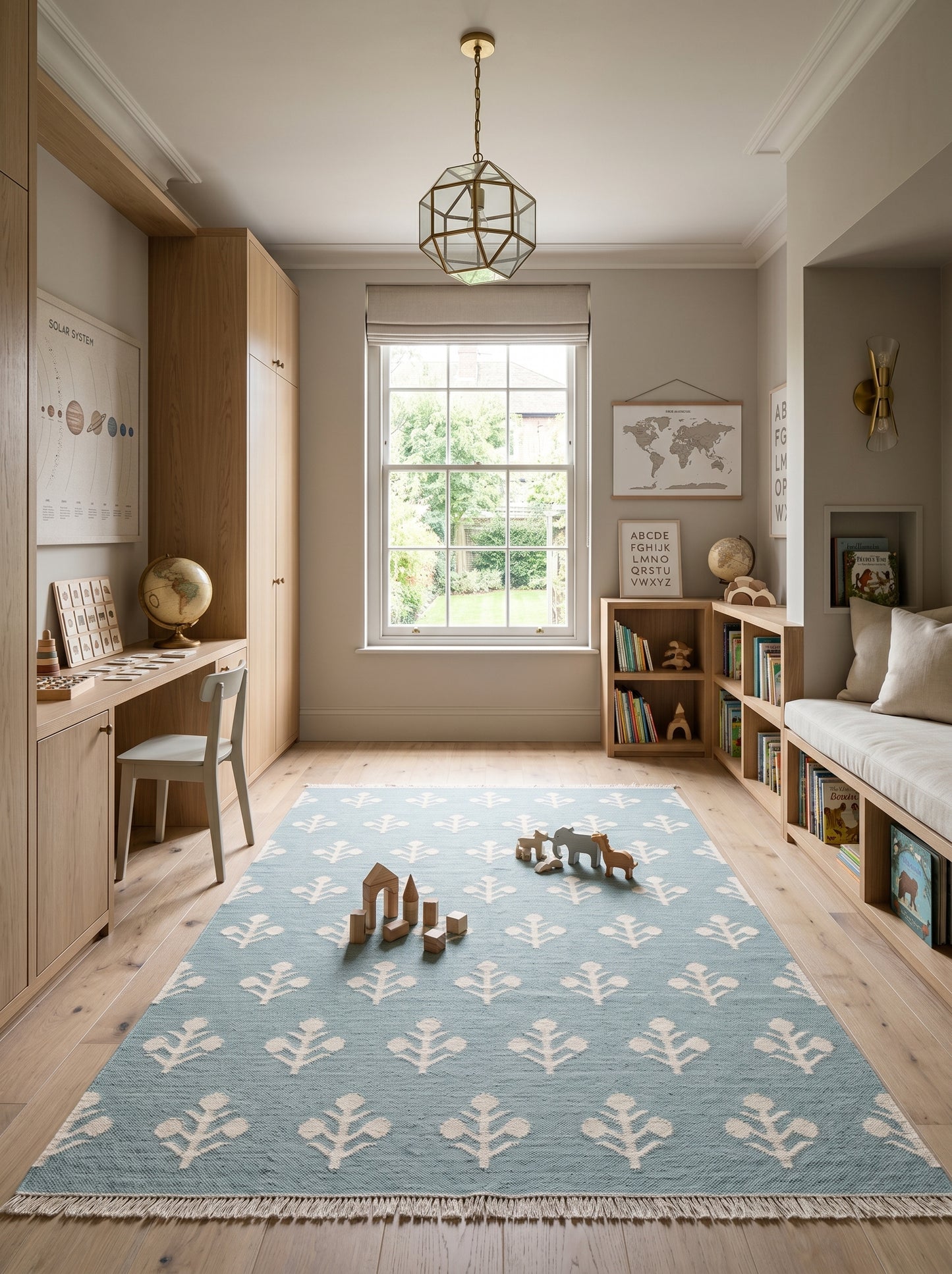 Serene Slate Tulips Modern Blue and Cream Botanical Wool Cotton Dhurrie Rug