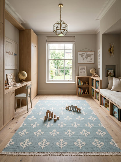Serene Slate Tulips Modern Blue and Cream Botanical Wool Cotton Dhurrie Rug