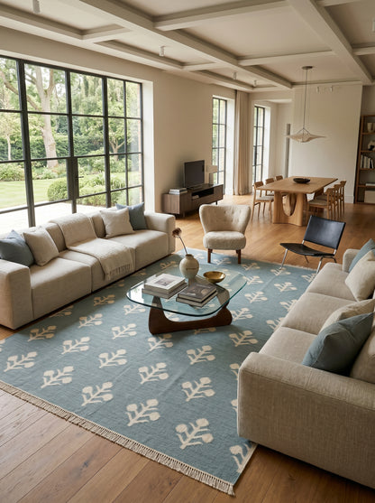 Serene Slate Tulips Modern Blue and Cream Botanical Wool Cotton Dhurrie Rug