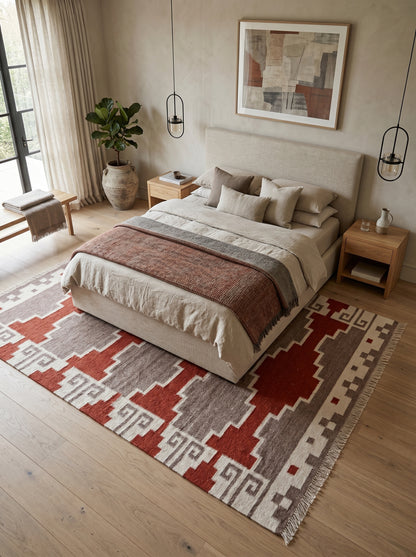 Terracotta Canyon Mesa Southwestern Rust Red & Grey Wool Cotton Dhurrie Rug