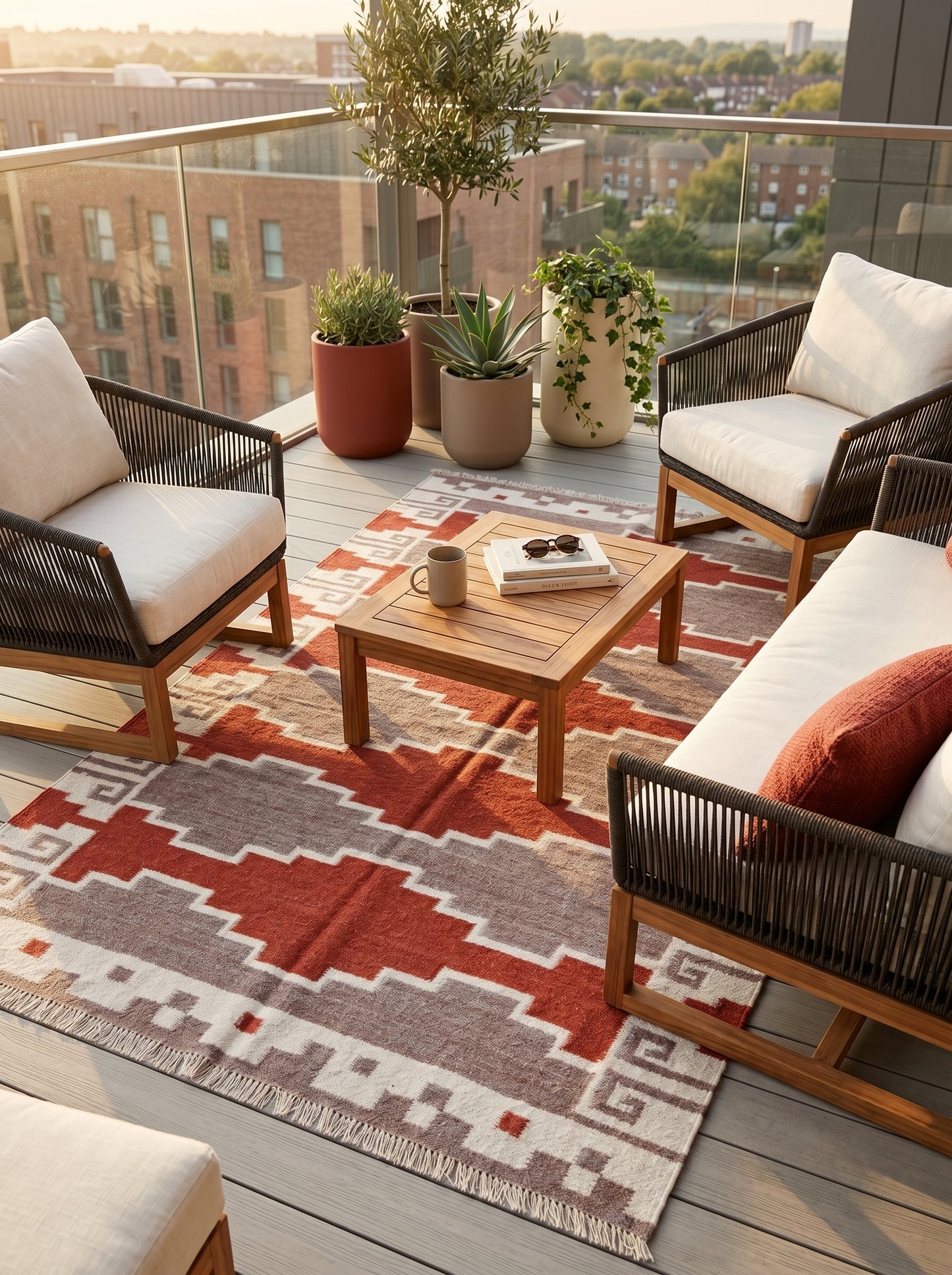 Terracotta Canyon Mesa Southwestern Rust Red & Grey Wool Cotton Dhurrie Rug