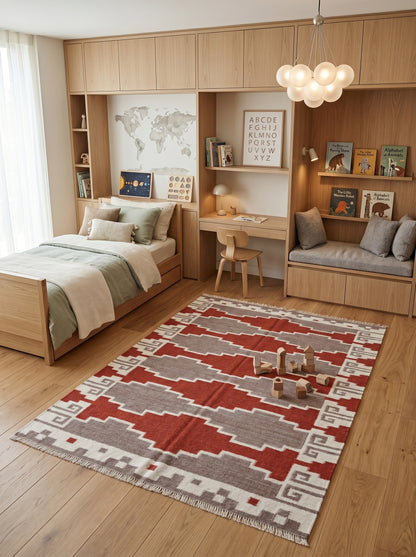 Terracotta Canyon Mesa Southwestern Rust Red & Grey Wool Cotton Dhurrie Rug