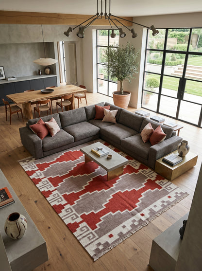 Terracotta Canyon Mesa Southwestern Rust Red & Grey Wool Cotton Dhurrie Rug