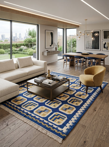 Royal Indigo Labyrinth Mid-Century Modern Blue & Gold Wool Cotton Dhurrie Rug