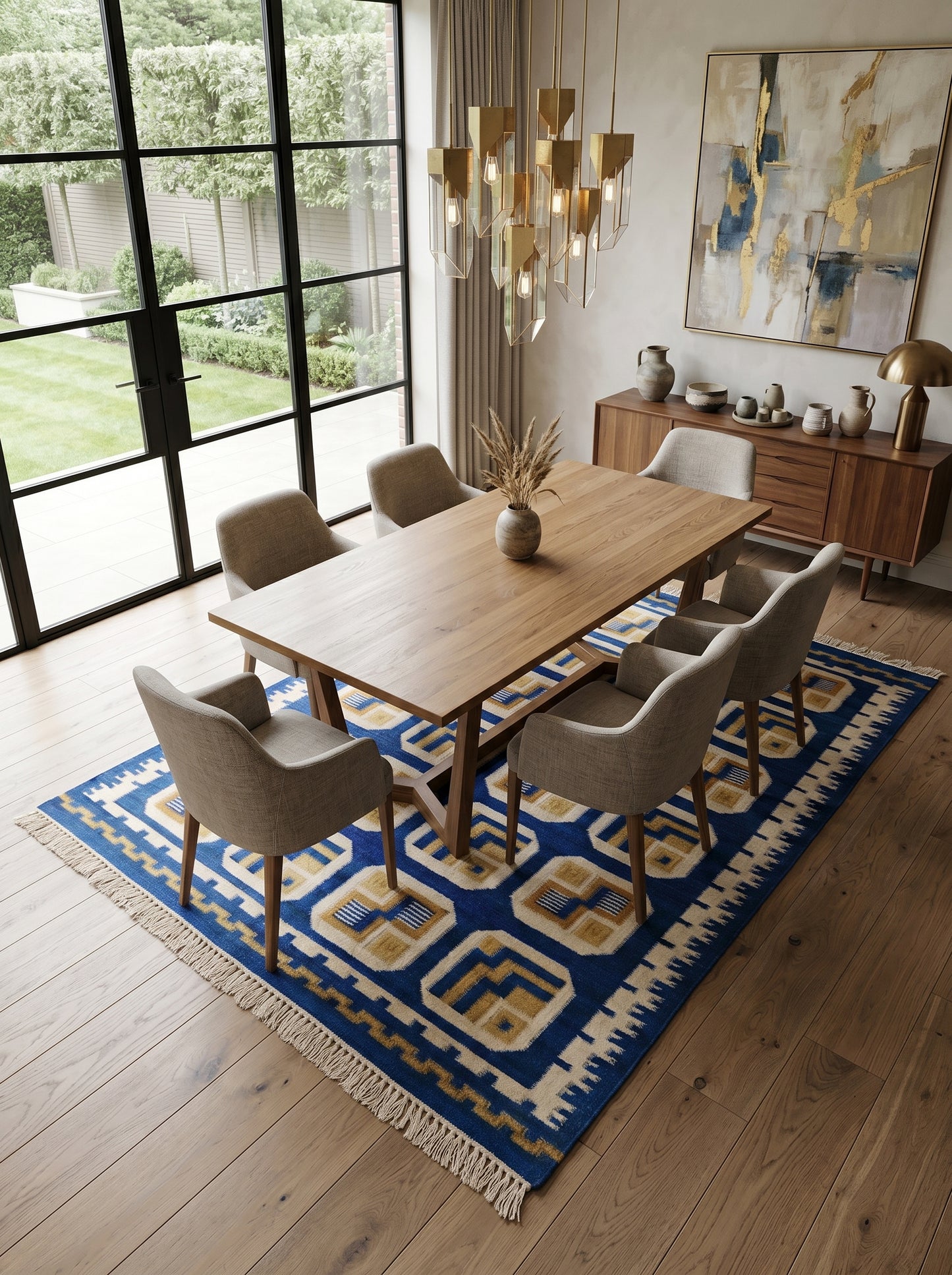 Royal Indigo Labyrinth Mid-Century Modern Blue & Gold Wool Cotton Dhurrie Rug
