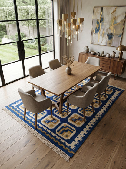 Royal Indigo Labyrinth Mid-Century Modern Blue & Gold Wool Cotton Dhurrie Rug