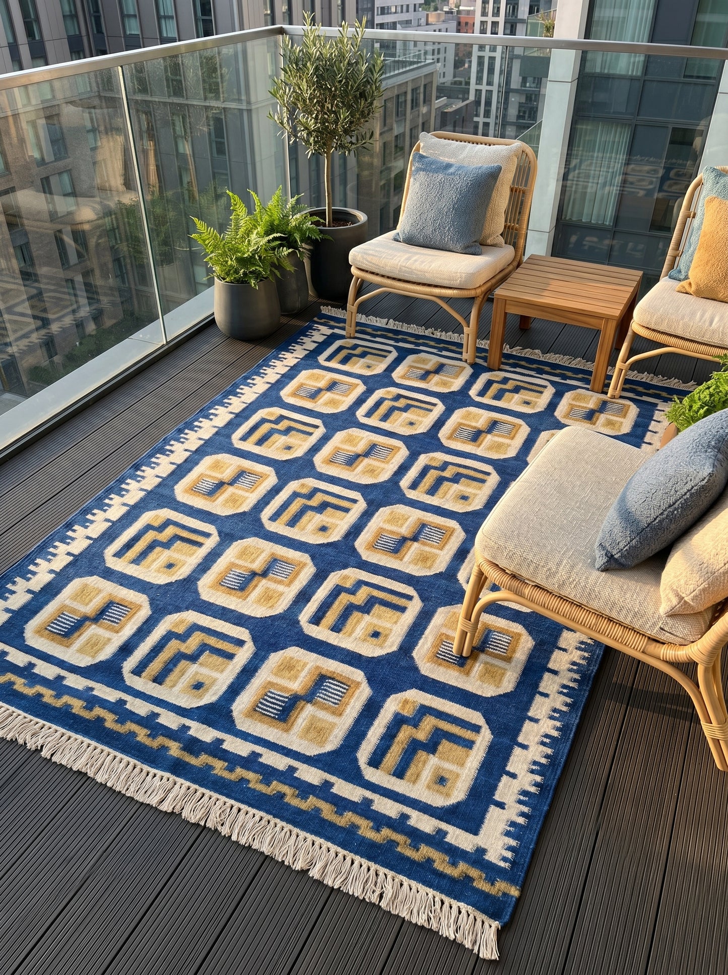 Royal Indigo Labyrinth Mid-Century Modern Blue & Gold Wool Cotton Dhurrie Rug