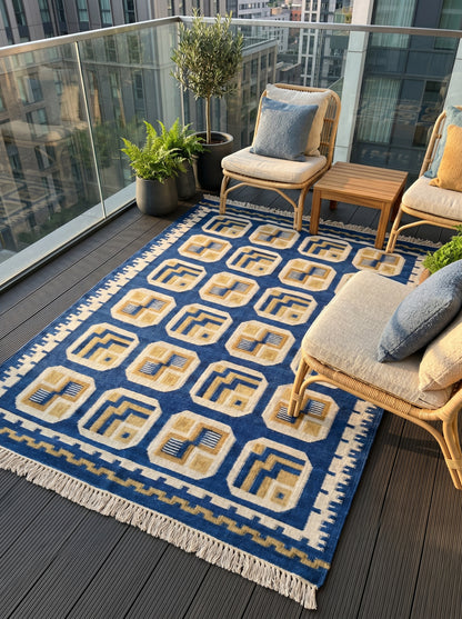Royal Indigo Labyrinth Mid-Century Modern Blue & Gold Wool Cotton Dhurrie Rug