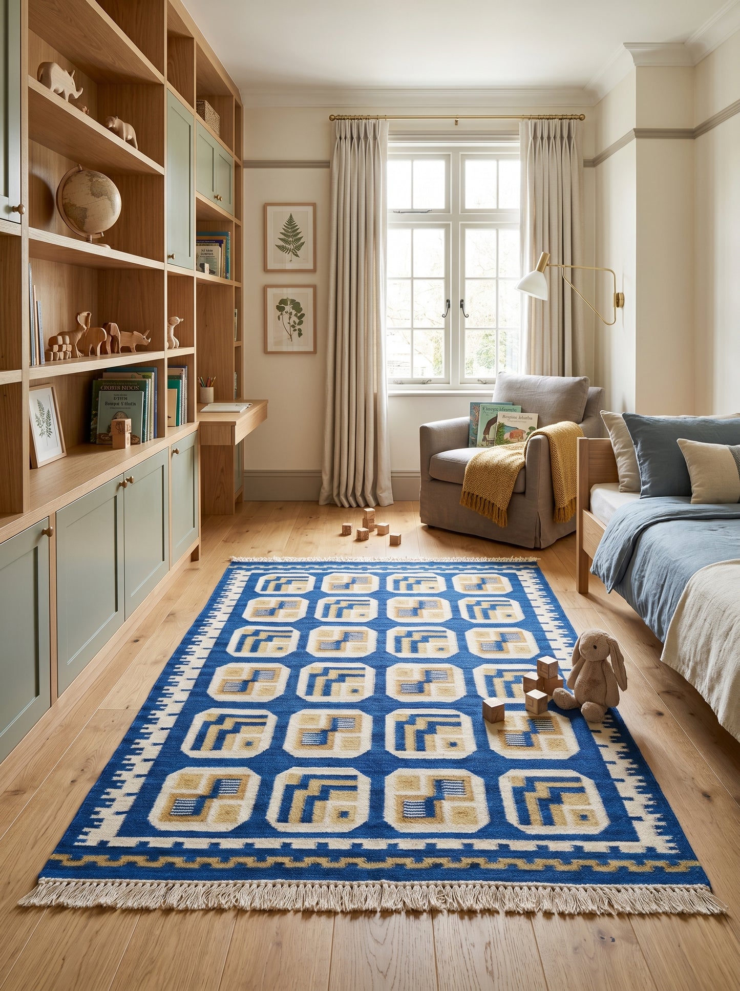 Royal Indigo Labyrinth Mid-Century Modern Blue & Gold Wool Cotton Dhurrie Rug