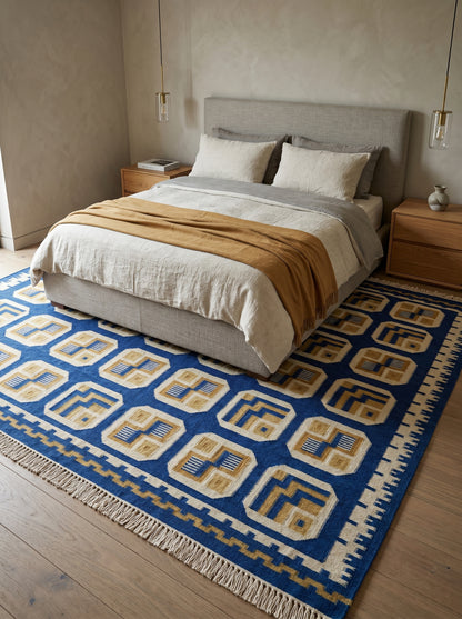 Royal Indigo Labyrinth Mid-Century Modern Blue & Gold Wool Cotton Dhurrie Rug