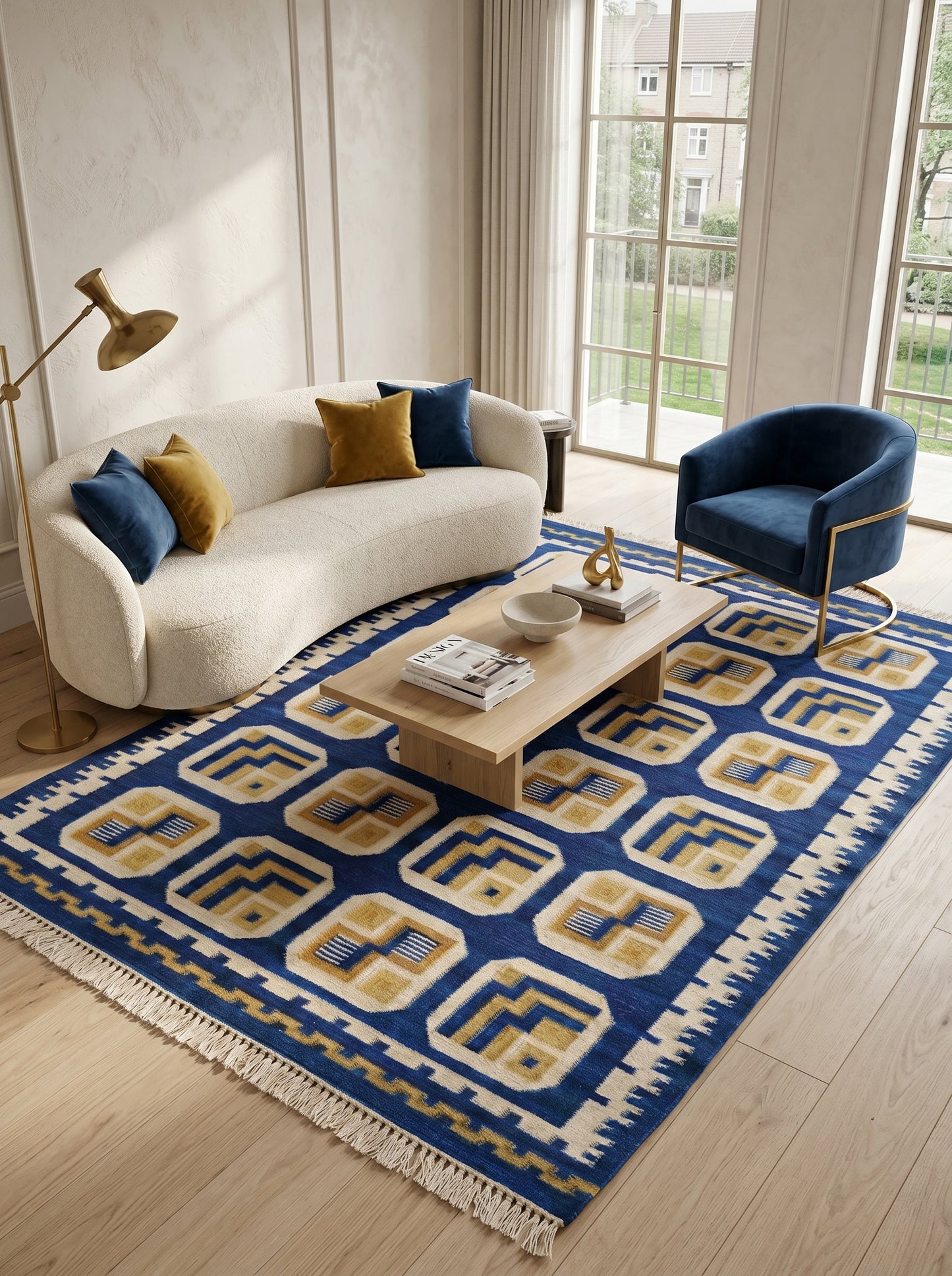 Royal Indigo Labyrinth Mid-Century Modern Blue & Gold Wool Cotton Dhurrie Rug
