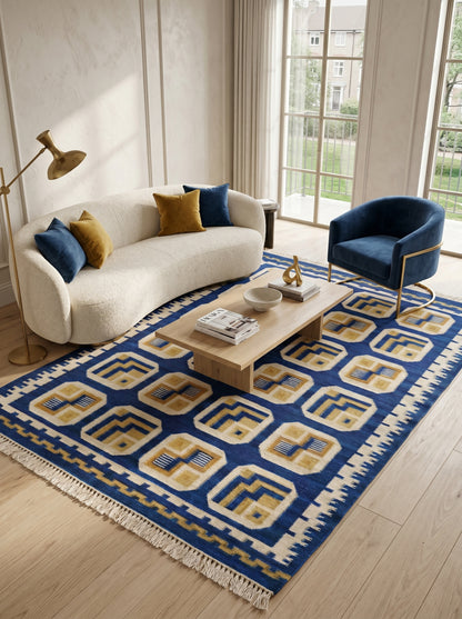 Royal Indigo Labyrinth Mid-Century Modern Blue & Gold Wool Cotton Dhurrie Rug