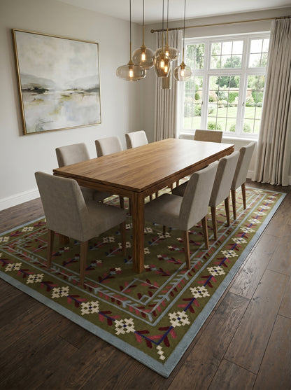 Olive Meadow Vine Traditional Botanical Motif Flatweave Area Rug