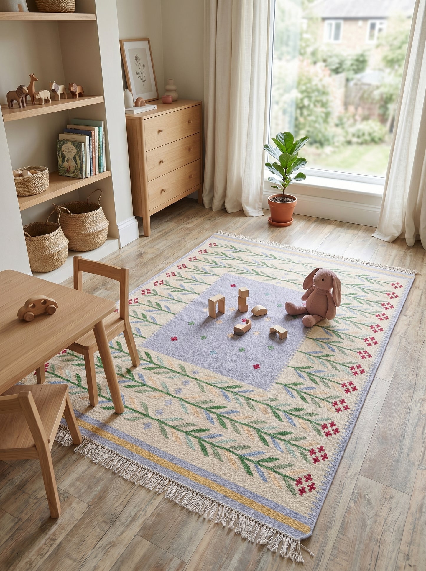 Periwinkle Folk Garland Handwoven Swedish Heritage Kilim, Custom Size