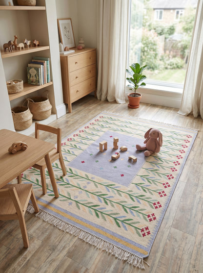 Periwinkle Folk Garland Handwoven Swedish Heritage Kilim, Custom Size
