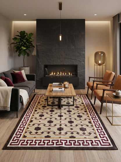 Crimson Greek Meander Premium Beige & Maroon Wool Cotton Dhurrie Rug