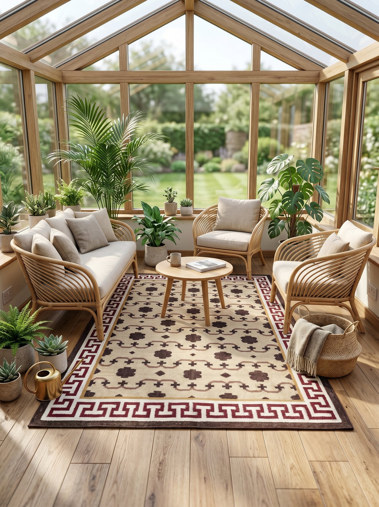 Crimson Greek Meander Premium Beige & Maroon Wool Cotton Dhurrie Rug