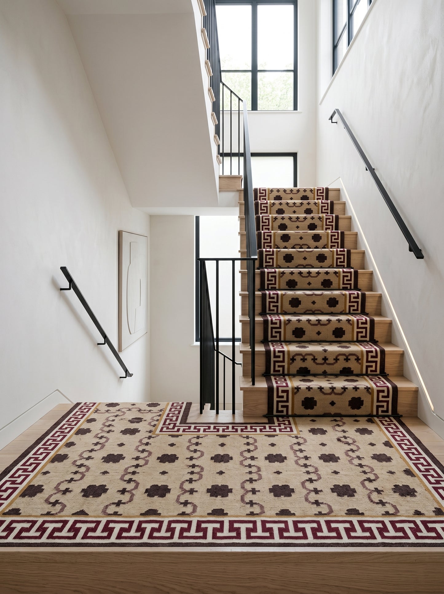 Crimson Greek Meander Premium Beige & Maroon Wool Cotton Dhurrie Rug