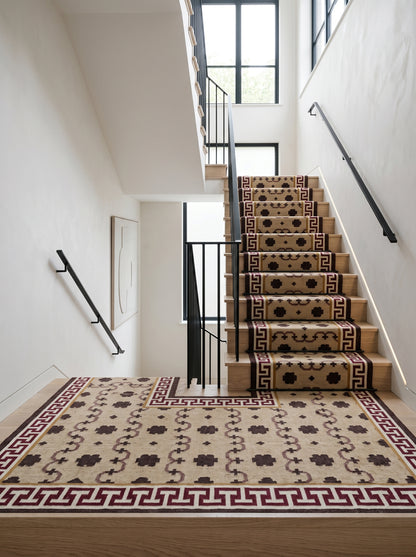 Crimson Greek Meander Premium Beige & Maroon Wool Cotton Dhurrie Rug