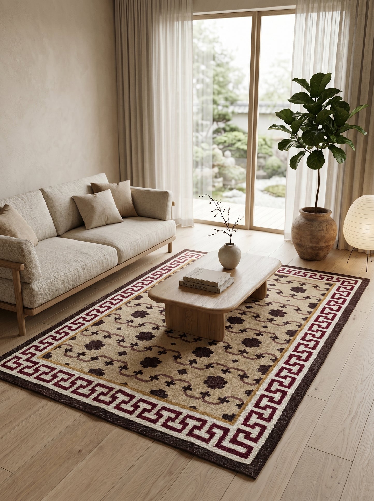 Crimson Greek Meander Premium Beige & Maroon Wool Cotton Dhurrie Rug