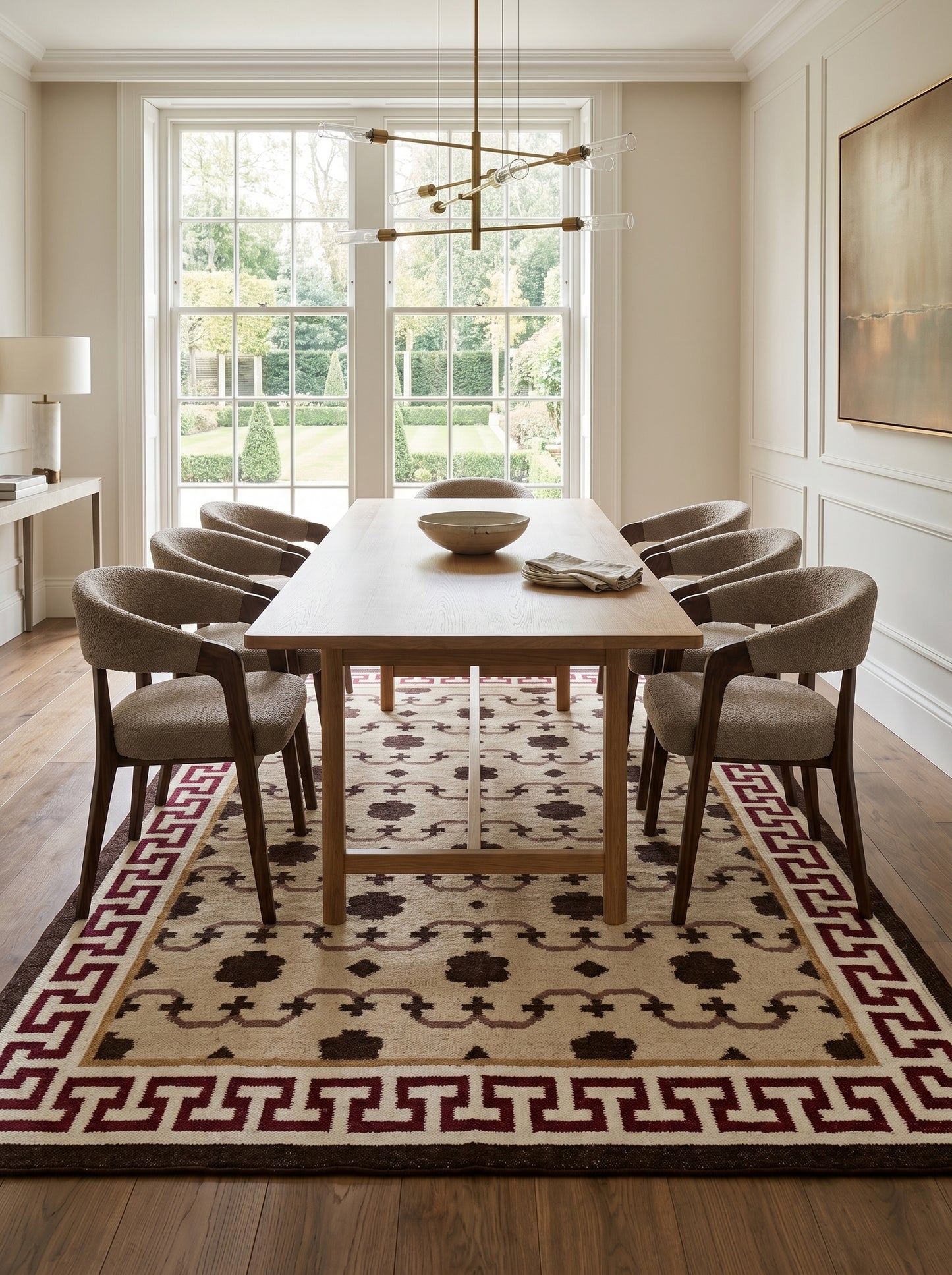 Crimson Greek Meander Premium Beige & Maroon Wool Cotton Dhurrie Rug