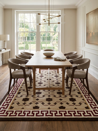Crimson Greek Meander Premium Beige & Maroon Wool Cotton Dhurrie Rug