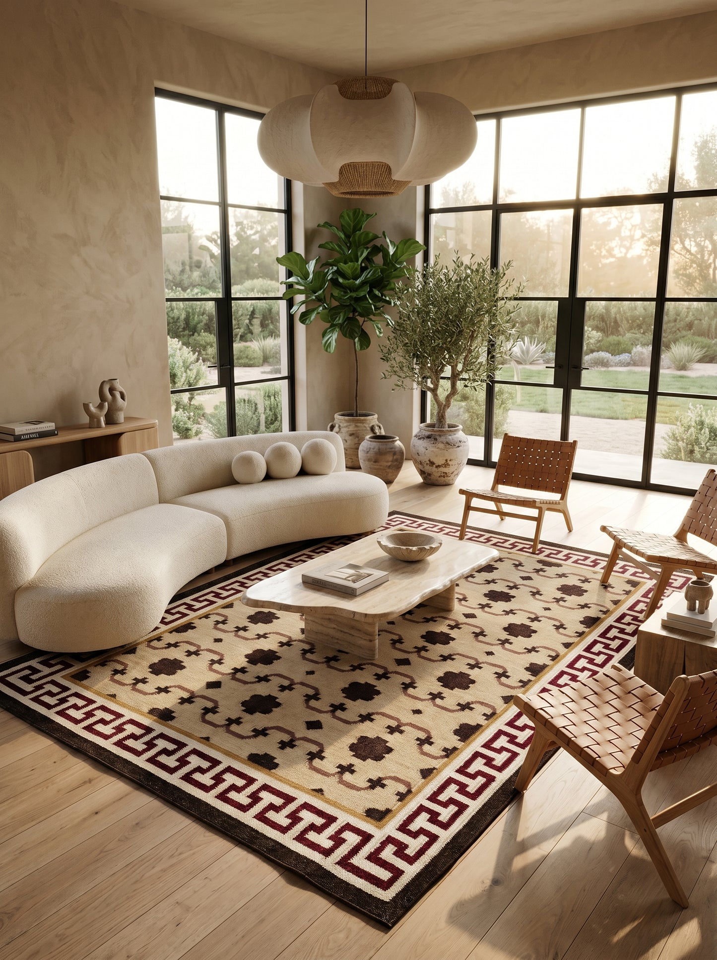 Crimson Greek Meander Premium Beige & Maroon Wool Cotton Dhurrie Rug