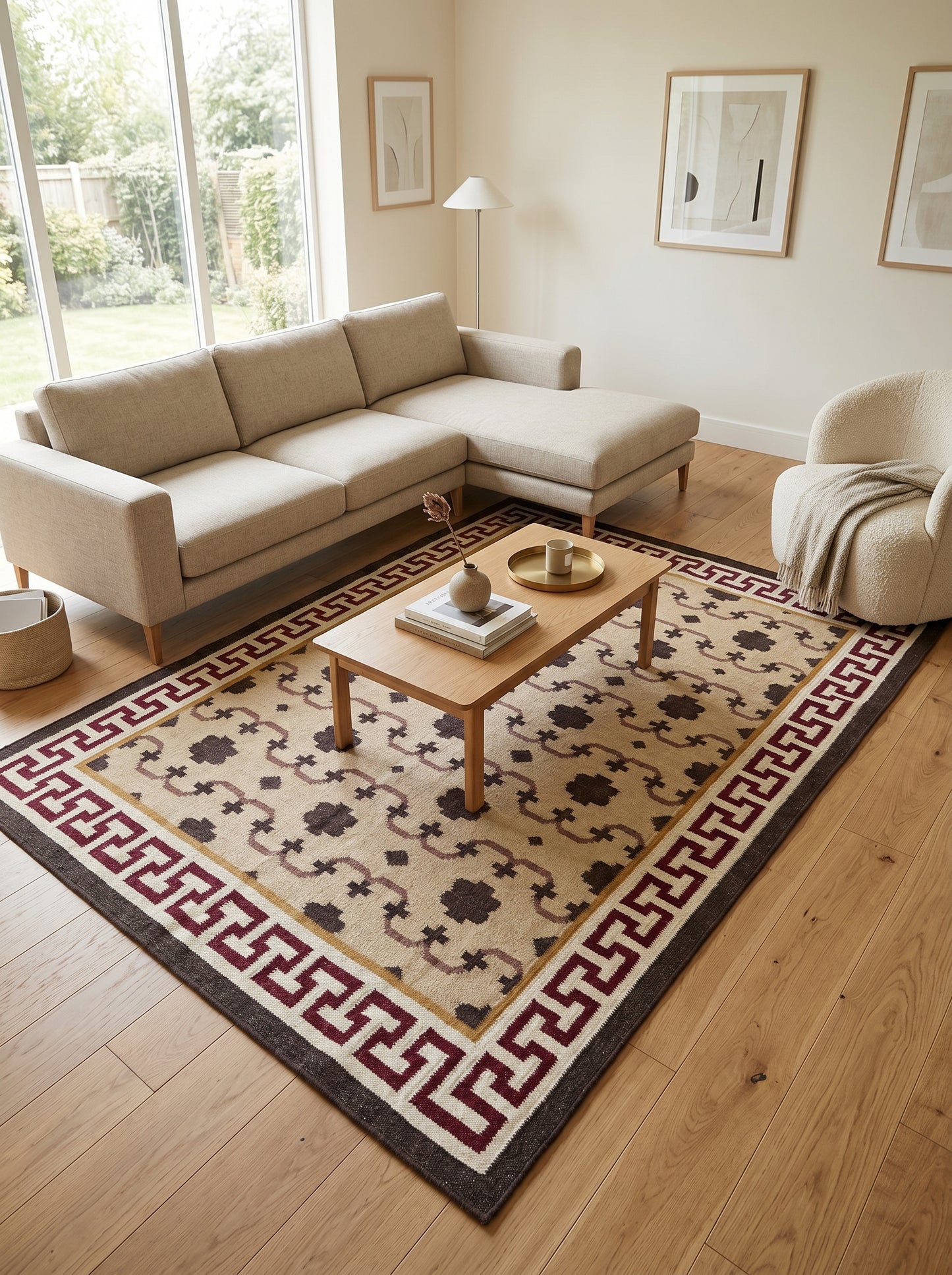 Crimson Greek Meander Premium Beige & Maroon Wool Cotton Dhurrie Rug