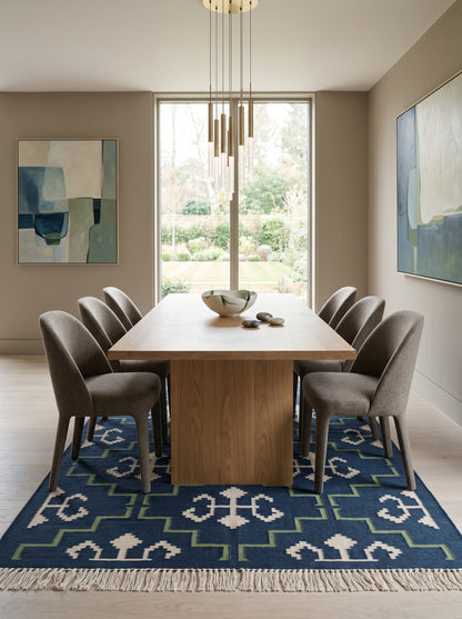 Indigo Cross Lattice Modern Navy Blue & Green Wool Cotton Dhurrie Rug