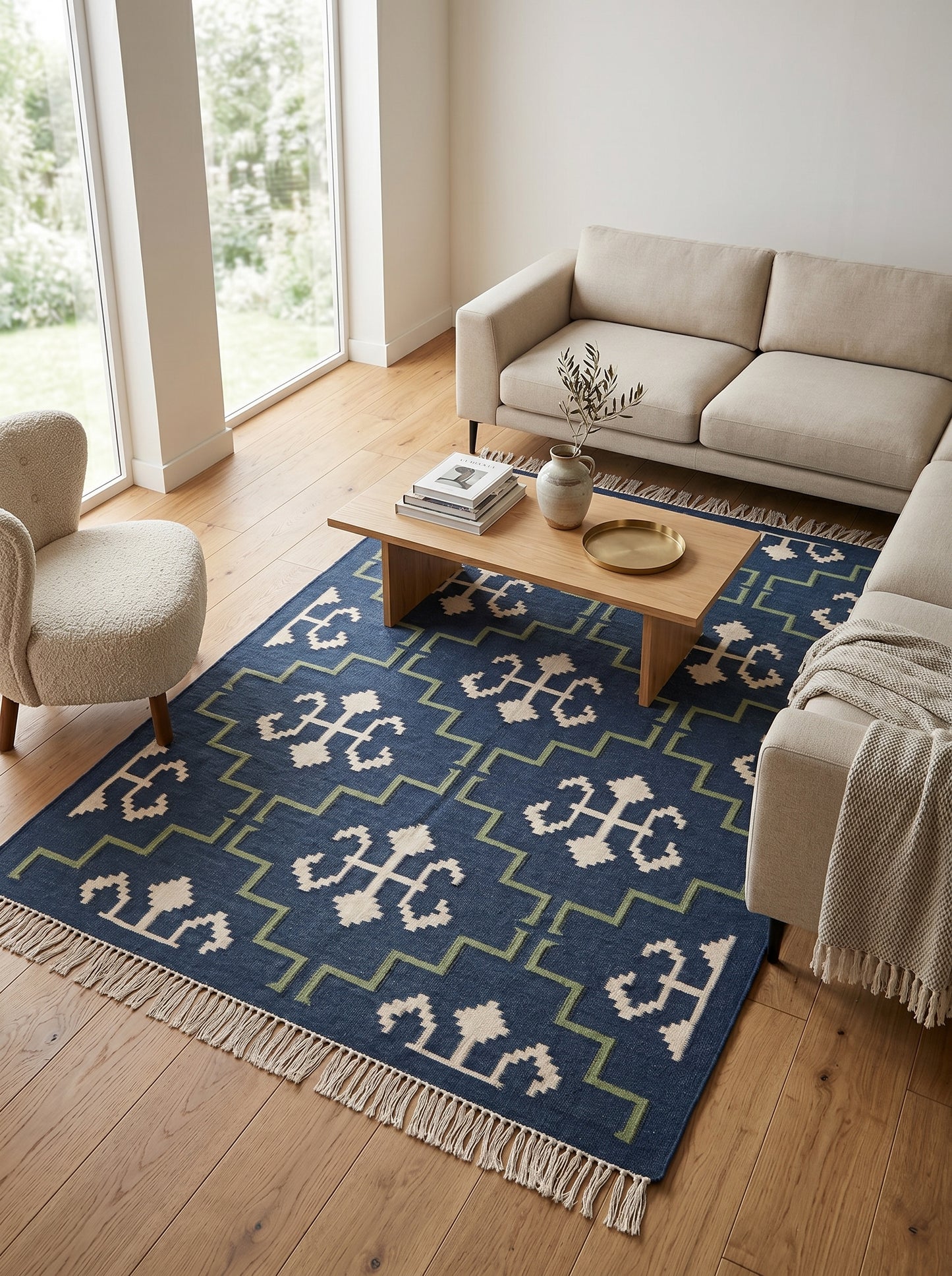 Indigo Cross Lattice Modern Navy Blue & Green Wool Cotton Dhurrie Rug