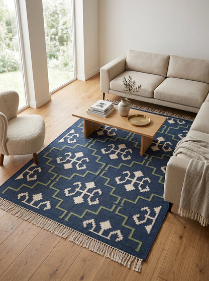 Indigo Cross Lattice Modern Navy Blue & Green Wool Cotton Dhurrie Rug