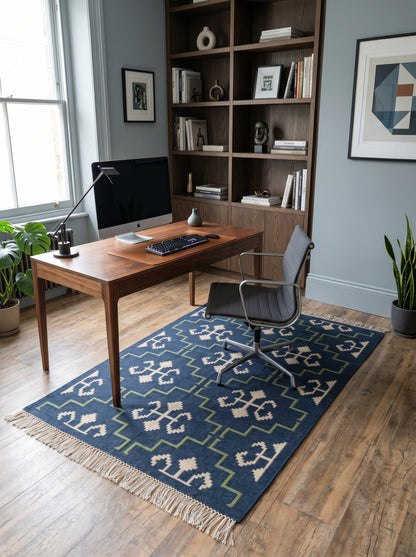 Indigo Cross Lattice Modern Navy Blue & Green Wool Cotton Dhurrie Rug