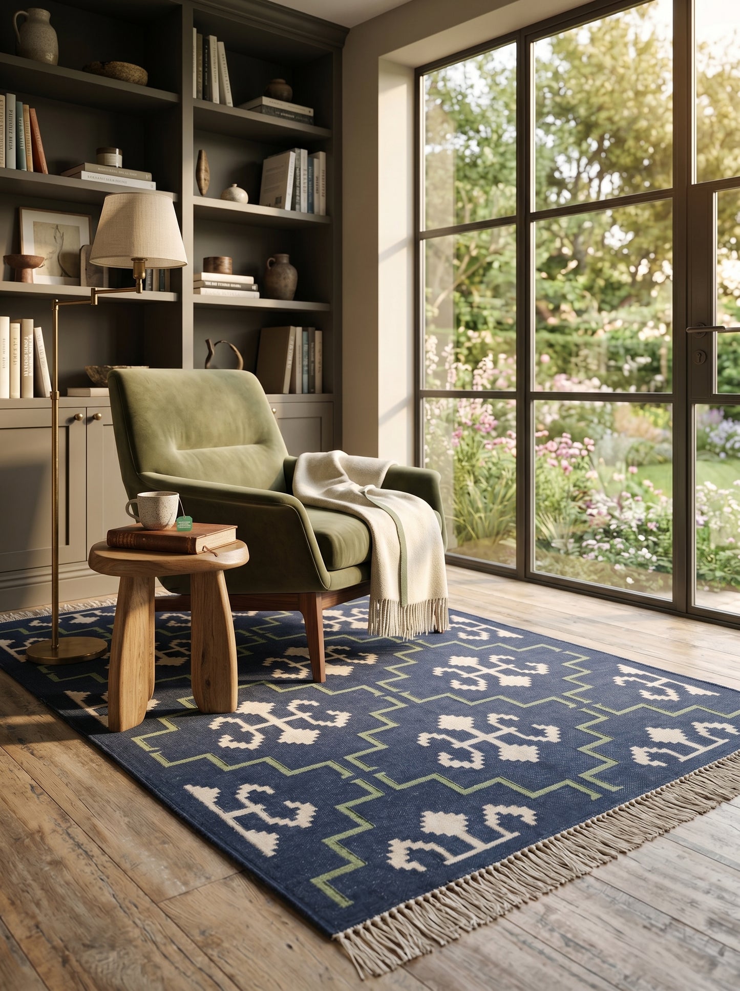 Indigo Cross Lattice Modern Navy Blue & Green Wool Cotton Dhurrie Rug