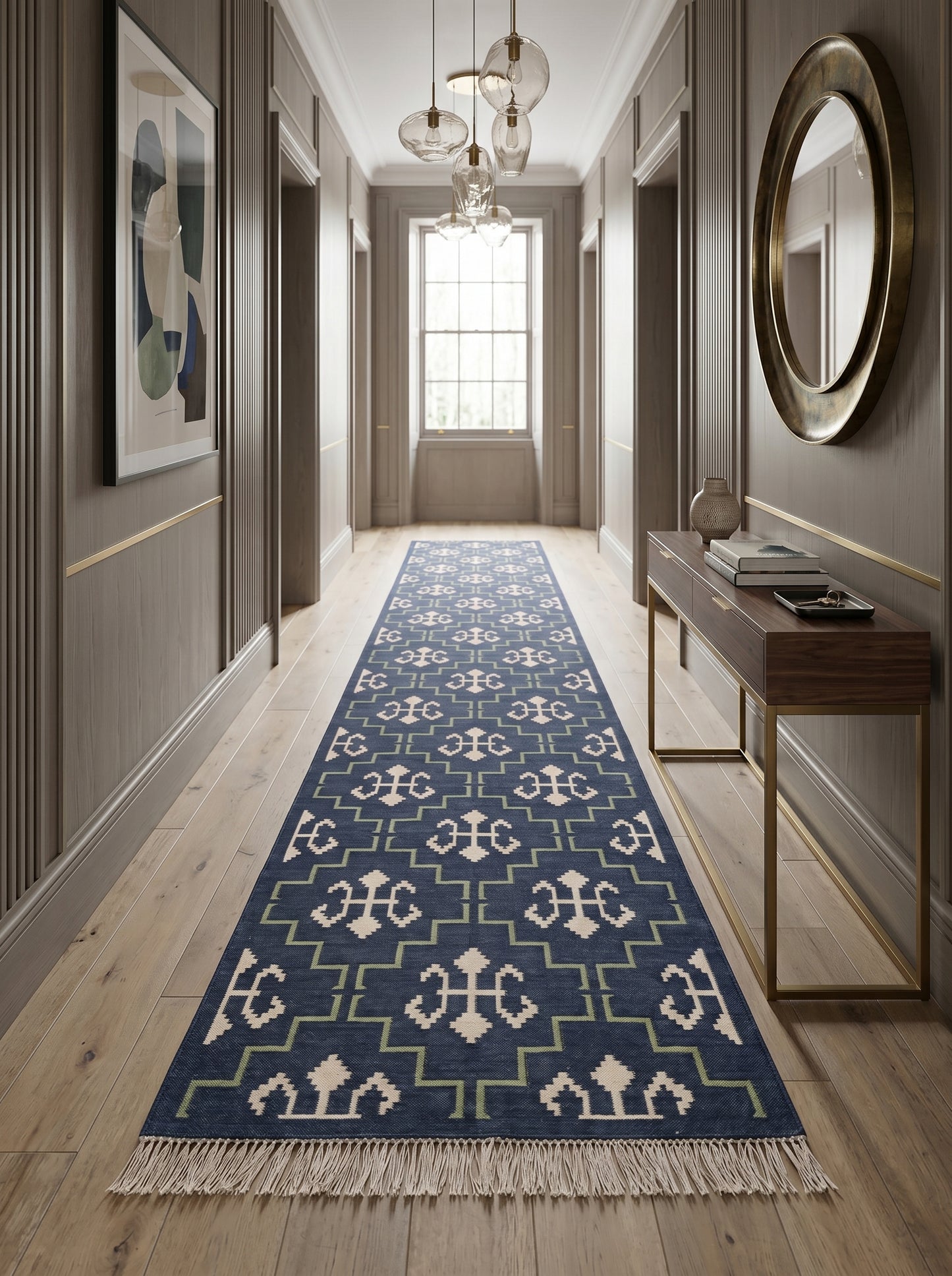 Indigo Cross Lattice Modern Navy Blue & Green Wool Cotton Dhurrie Rug