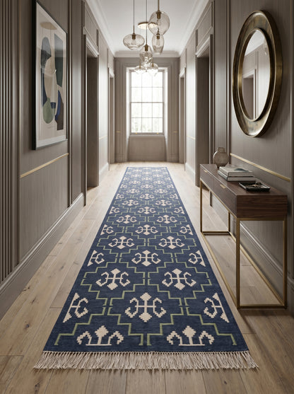 Indigo Cross Lattice Modern Navy Blue & Green Wool Cotton Dhurrie Rug