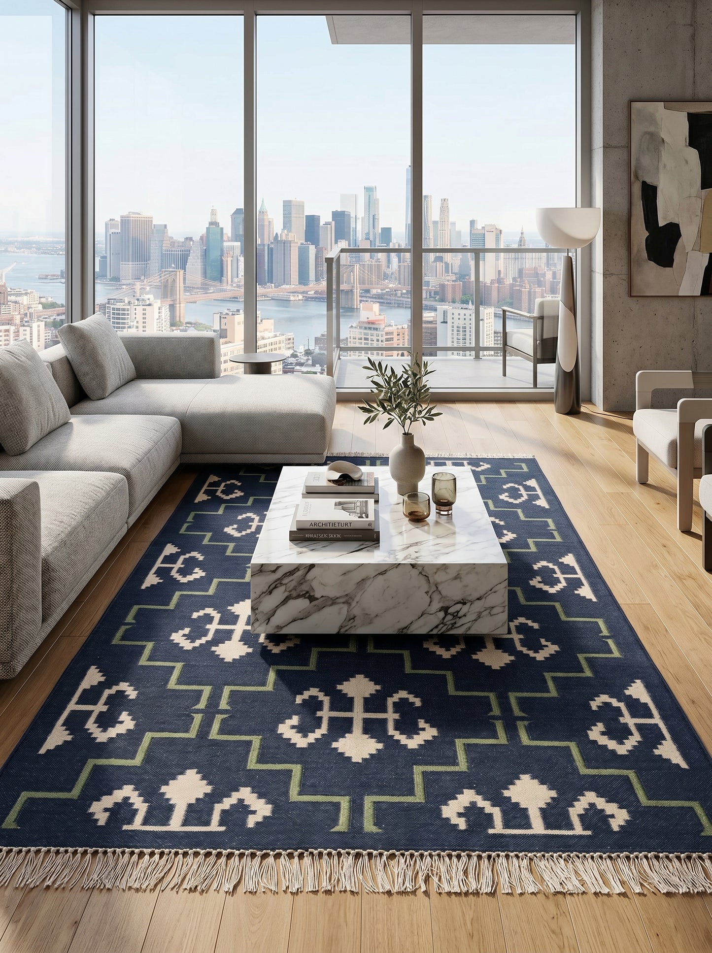 Indigo Cross Lattice Modern Navy Blue & Green Wool Cotton Dhurrie Rug