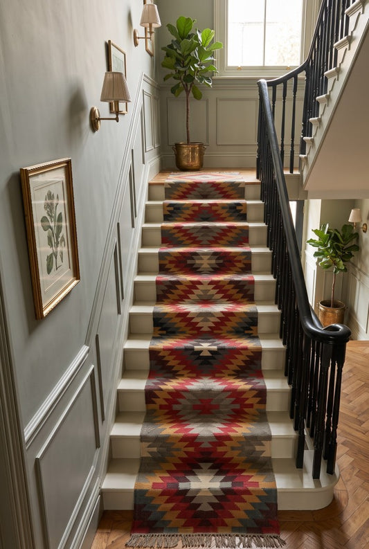 Custom Wool Jute Stair Runner Handwoven Southwestern Kilim Runner
