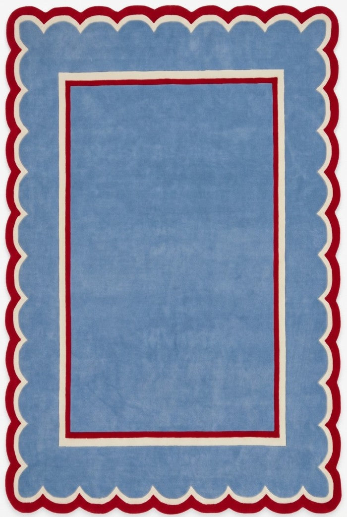 Blue Scalloped Modern Hand Tufted Wool Area Rug for Bedroom and Living Room