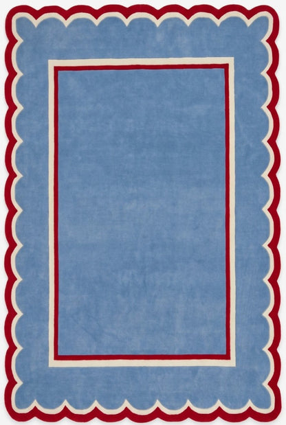 Blue Scalloped Modern Hand Tufted Wool Area Rug for Bedroom and Living Room
