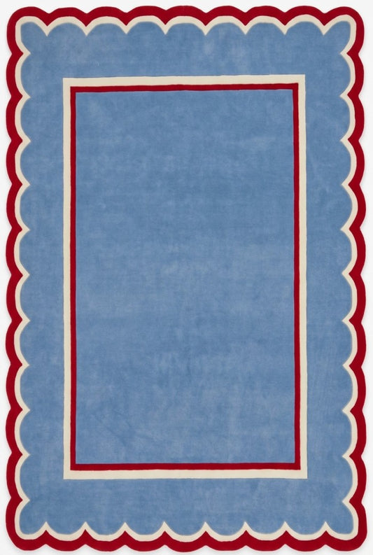 Blue Scalloped Modern Hand Tufted Wool Area Rug for Bedroom and Living Room