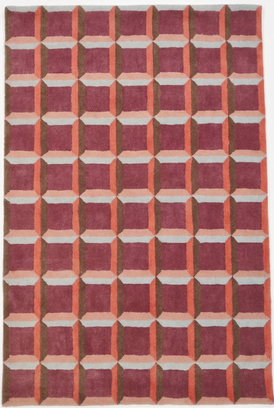 Abstract Red Orb & Checkered Pattern Thick Plush Pile Designer Carpet